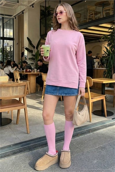 Streç Oversize Fit Bisiklet Yaka Modal Kumaş Kadın Sweat 5865877 GÜL