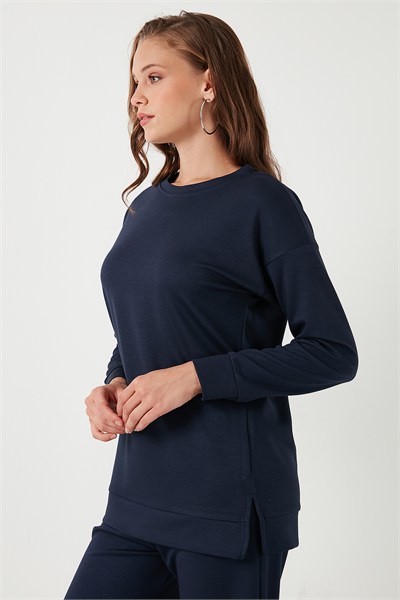 Streç Oversize Fit Bisiklet Yaka Modal Kumaş Kadın Sweat 5865877 LACİVERT