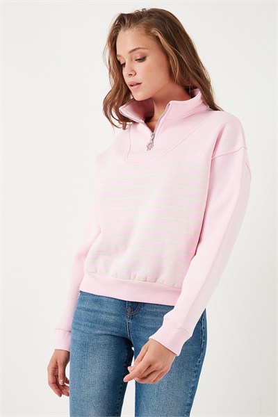 Streç Oversize Fit Yarım Fermuarlı Dik Yaka Kadın Sweat 5865883 Şeker Pembe