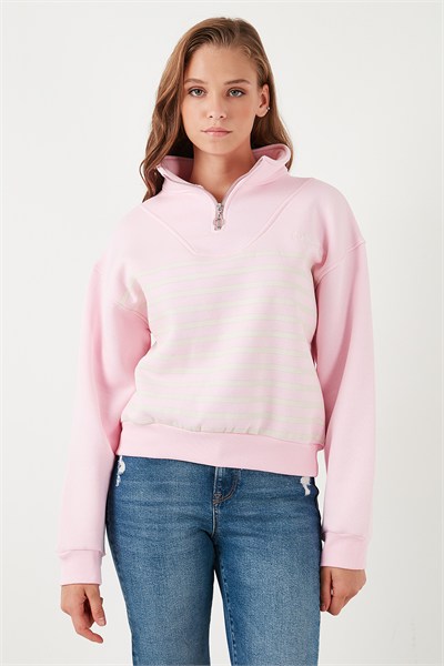 Streç Oversize Fit Yarım Fermuarlı Dik Yaka Kadın Sweat 5865883 Şeker Pembe