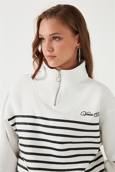 Streç Oversize Fit Yarım Fermuarlı Dik Yaka Kadın Sweat 5865883 EKRU