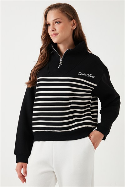 Streç Oversize Fit Yarım Fermuarlı Dik Yaka Kadın Sweat 5865883 SİYAH