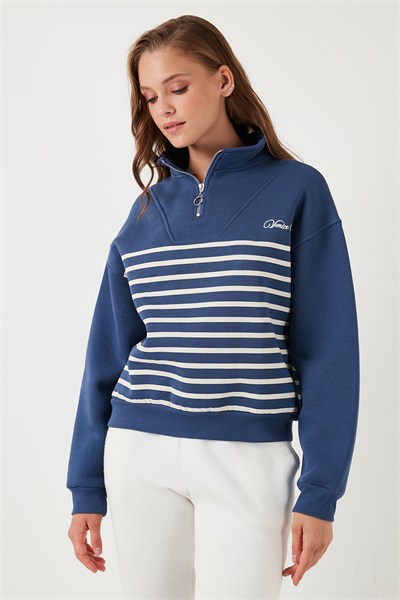 Streç Oversize Fit Yarım Fermuarlı Dik Yaka Kadın Sweat 5865883 İNDİGO