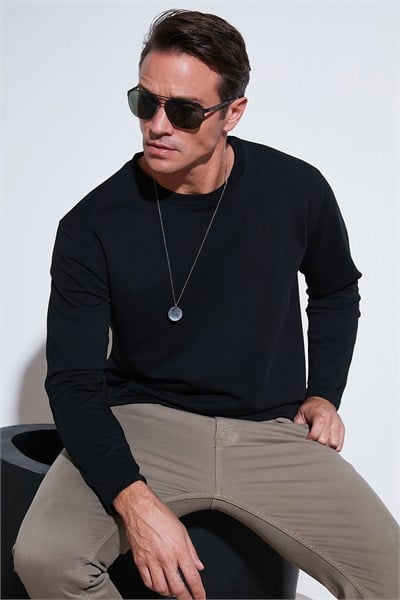 Streç Pamuklu Regular Fit Bisiklet Yaka Erkek Sweat 5905725 SİYAH
