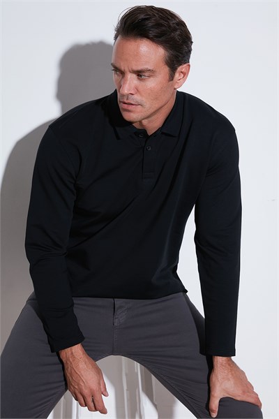 Streç Pamuklu Regular Fit Düğmeli Polo Yaka Erkek Sweat 5905727 SİYAH
