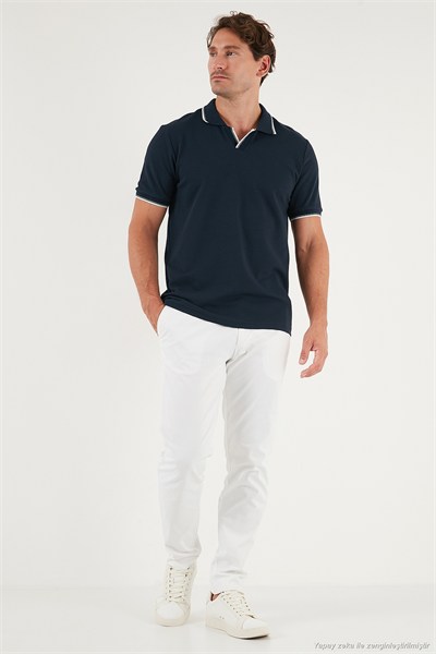 Streç Pamuklu Regular Fit Şerit Detaylı Erkek Polo Yaka T Shirt 5902768 İNDİGO