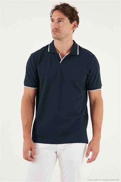 Streç Pamuklu Regular Fit Şerit Detaylı Erkek Polo Yaka T Shirt 5902768 İNDİGO