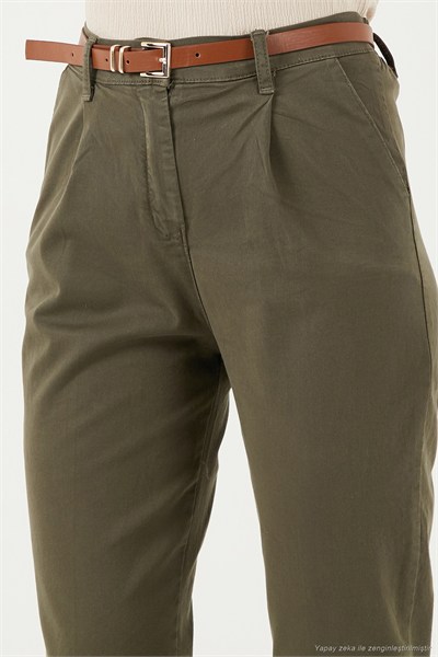 Streç Pamuklu Regular Fit Yüksek Bel Düz Kısa Paça Kemerli Kadın Pantolon 668YP5335 HAKİ