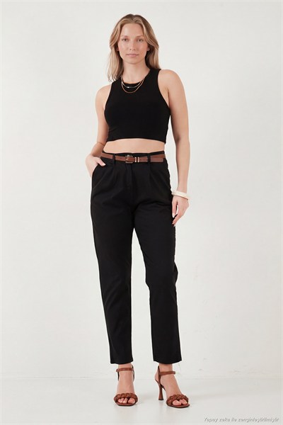 Streç Pamuklu Regular Fit Yüksek Bel Düz Kısa Paça Kemerli Kadın Pantolon 668YP5335 SİYAH
