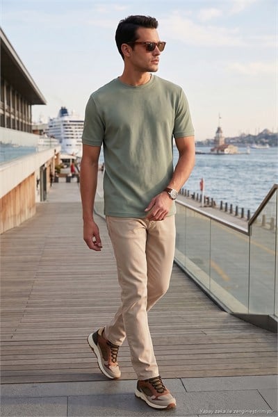 Streç Pamuklu Slim Fit Sıfır Yaka Erkek T Shirt 5902639 Elma