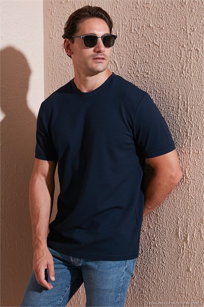 Streç Pamuklu Slim Fit Sıfır Yaka Erkek T Shirt 5902639 İNDİGO