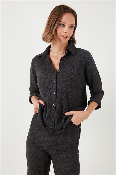 Streç Regular Fit Dokulu Kadın Gömlek 5865975 ANTRASİT