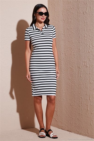 Streç Slim Fit Düğmeli Polo Yaka Kısa Kollu Mini Boy Çizgili Kadın Elbise 5866167 BEYAZ-SİYAH