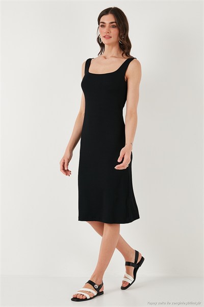 Streç Slim Fit Kare Yaka Kalın Askılı Midi Boy Kadın Elbise 5866102 SİYAH