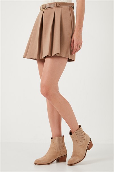 Streç Standart Fit Pileli Kışlık Mini Kadın Şort Etek 611SR00016 TAŞ