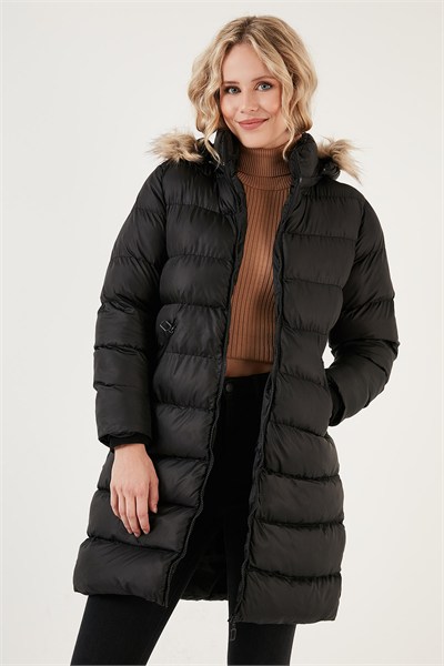 Su İtici Regular Fit Çıkarılabilir Kapüşonlu Şişme Kadın Mont 640Y001 SİYAH