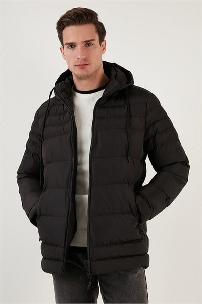 Su İtici Slim Fit Soğuğa ve Rüzgara Dayanıklı Kapüşonlu Şişme Erkek Mont 649005 SİYAH