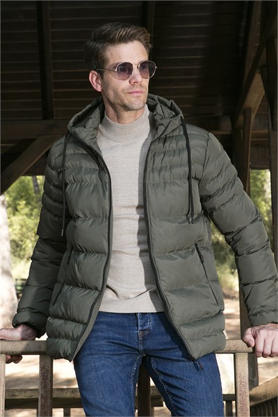 Su İtici Slim Fit Soğuğa ve Rüzgara Dayanıklı Kapüşonlu Şişme Erkek Mont 649005 HAKİ