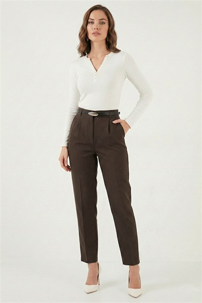Tapered Fit Yüksek Bel Daralan Paça Kemerli Havuç Kadın Pantolon 6923854 KAHVE