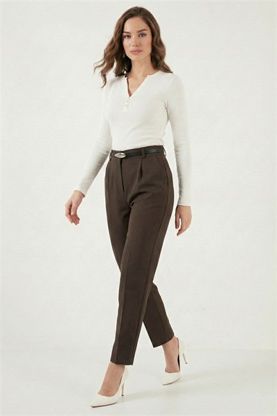 Tapered Fit Yüksek Bel Daralan Paça Kemerli Havuç Kadın Pantolon 6923854 KAHVE