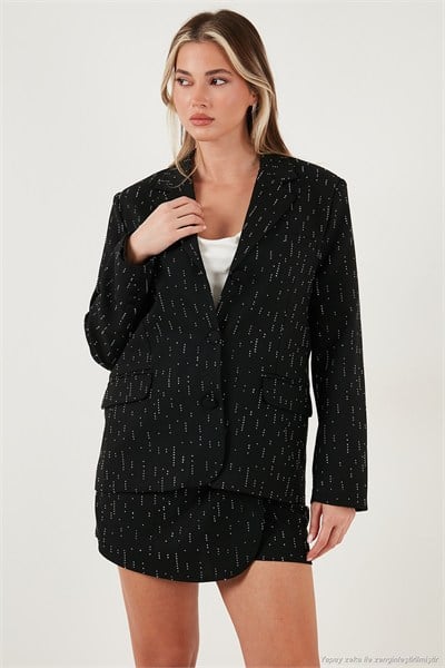 Taşlı Regular Fit Broş Detaylı Ceket-Şort Etek Kadın Takım 6839618 SİYAH