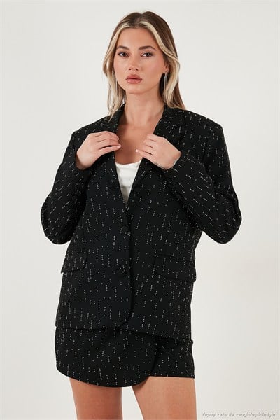 Taşlı Regular Fit Broş Detaylı Ceket-Şort Etek Kadın Takım 6839618 SİYAH