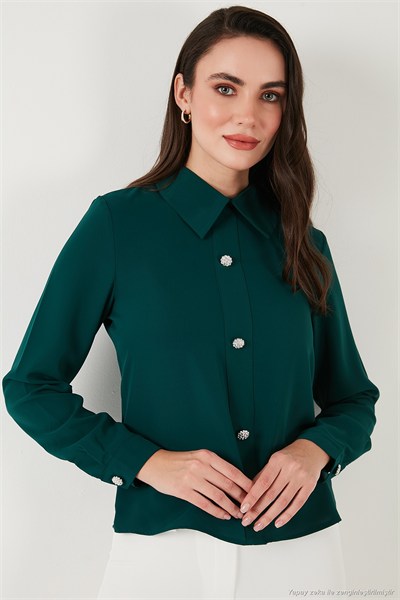 Taşlı Regular Fit Gömlek Yaka Fermuarlı Kadın Bluz 611BZ0493 ZÜMRÜT