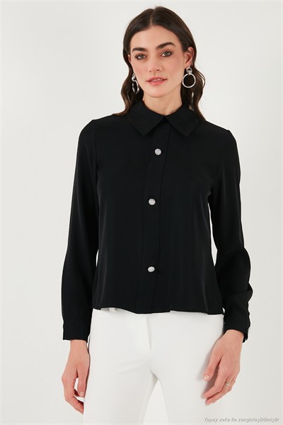 Taşlı Regular Fit Gömlek Yaka Fermuarlı Kadın Bluz 611BZ0493 SİYAH