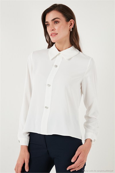 Taşlı Regular Fit Gömlek Yaka Fermuarlı Kadın Bluz 611BZ0493 EKRU