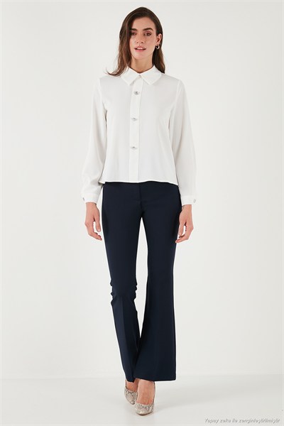 Taşlı Regular Fit Gömlek Yaka Fermuarlı Kadın Bluz 611BZ0493 EKRU