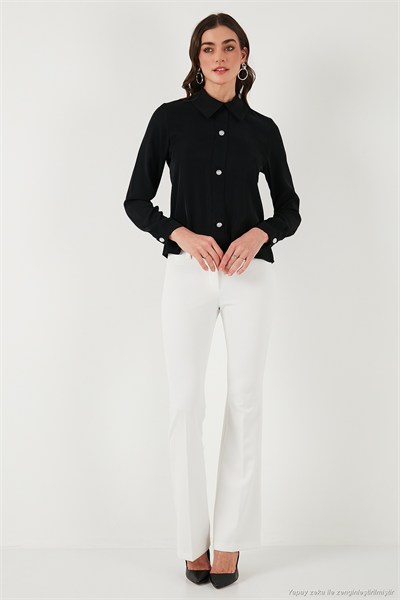 Taşlı Regular Fit Gömlek Yaka Fermuarlı Kadın Bluz 611BZ0493 SİYAH