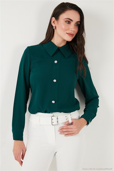Taşlı Regular Fit Gömlek Yaka Fermuarlı Kadın Bluz 611BZ0493 ZÜMRÜT