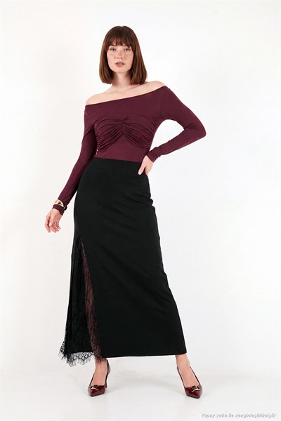 Triko Dantelli Yırtmaç Detaylı Maxi Boy Kadın Etek 680ET00117 SİYAH
