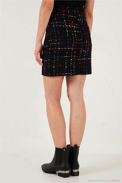 Tüvit Desenli Slim Fit Yüksek Bel Mini Boy Kadın Etek 5866436 SİYAH