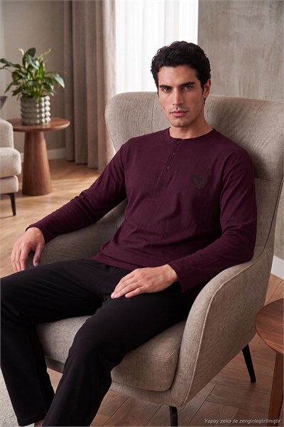 Ultra Soft Düğmeli Bisiklet Yaka Erkek Pijama Takımı 6575011 BORDO