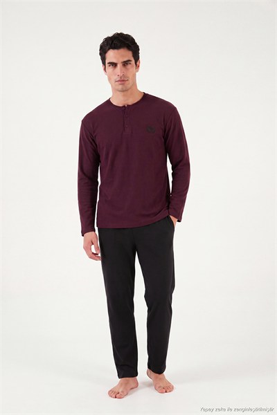 Ultra Soft Düğmeli Bisiklet Yaka Erkek Pijama Takımı 6575011 BORDO