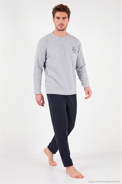 Ultra Soft Minimal Nakışlı Uzun Kollu Erkek Pijama Takımı 6575009 GRİ MELANJ