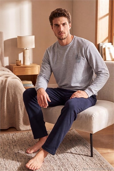 Ultra Soft Minimal Nakışlı Uzun Kollu Erkek Pijama Takımı 6575009 GRİ MELANJ
