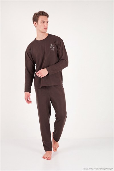 Ultra Soft Minimal Nakışlı Uzun Kollu Erkek Pijama Takımı 6575009 KAHVE