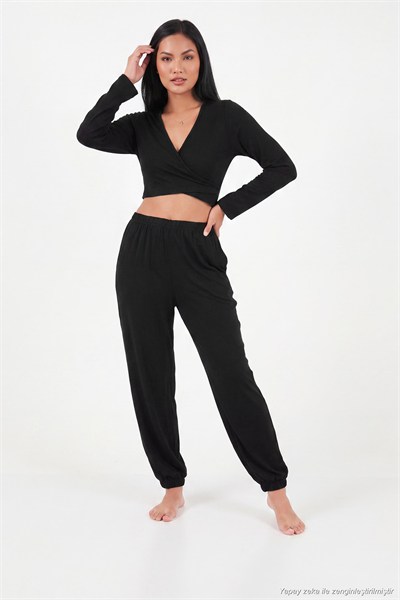 V Yaka Kruvaze Bağlamalı Crop Üst ve Jogger Alt Kadın Pijama Takımı 65780019 SİYAH