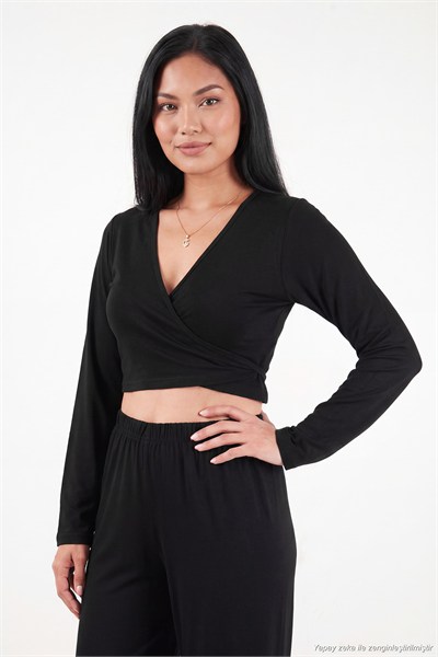 V Yaka Kruvaze Bağlamalı Crop Üst ve Jogger Alt Kadın Pijama Takımı 65780019 SİYAH