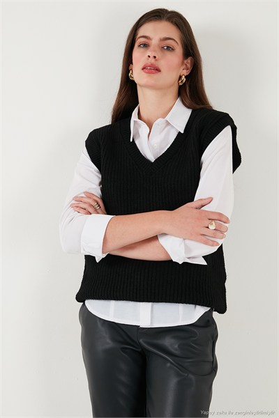 V Yaka Örme Triko Kadın Süveter 4616105Y SİYAH