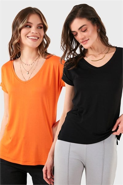 V Yaka Relaxed Fit Yırtmaç Detaylı 2li Paket Kadın Bluz 5862000S2 SİYAH-ORANJ