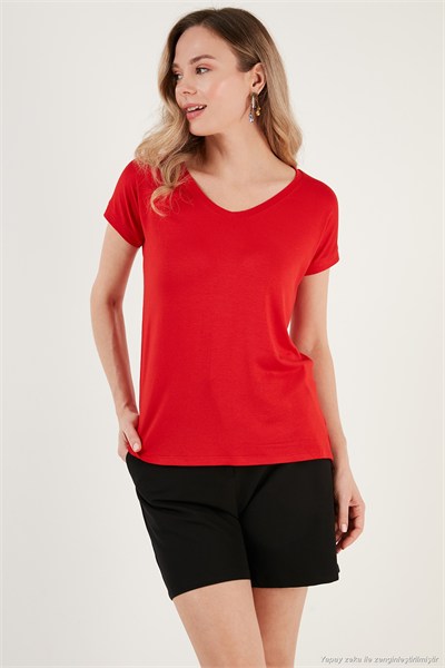 V Yaka Relaxed Fit Yırtmaç Detaylı 2li Paket Kadın Bluz 5862000S2 SİYAH-KIRMIZI