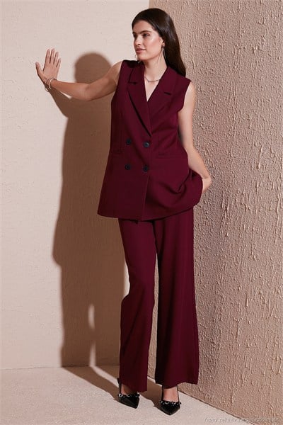 Wide Leg Orta Yüksek Bel Bol Paça Kumaş Kadın Pantolon 6522974 BORDO