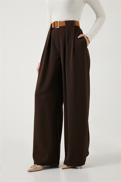 Wide Leg Yüksek Bel Bol Paça Kemer Detaylı Kadın Pantolon 6923855 KAHVE