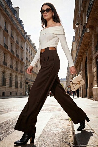 Wide Leg Yüksek Bel Bol Paça Kemer Detaylı Kadın Pantolon 6923855 KAHVE