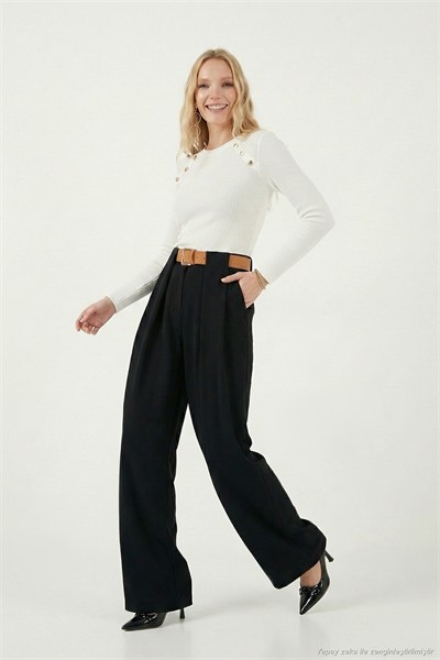 Wide Leg Yüksek Bel Bol Paça Kemer Detaylı Kadın Pantolon 6923855 SİYAH