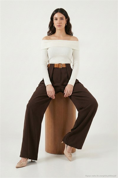 Wide Leg Yüksek Bel Bol Paça Kemer Detaylı Kadın Pantolon 6923855 KAHVE