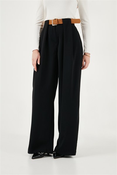 Wide Leg Yüksek Bel Bol Paça Kemer Detaylı Kadın Pantolon 6923855 SİYAH
